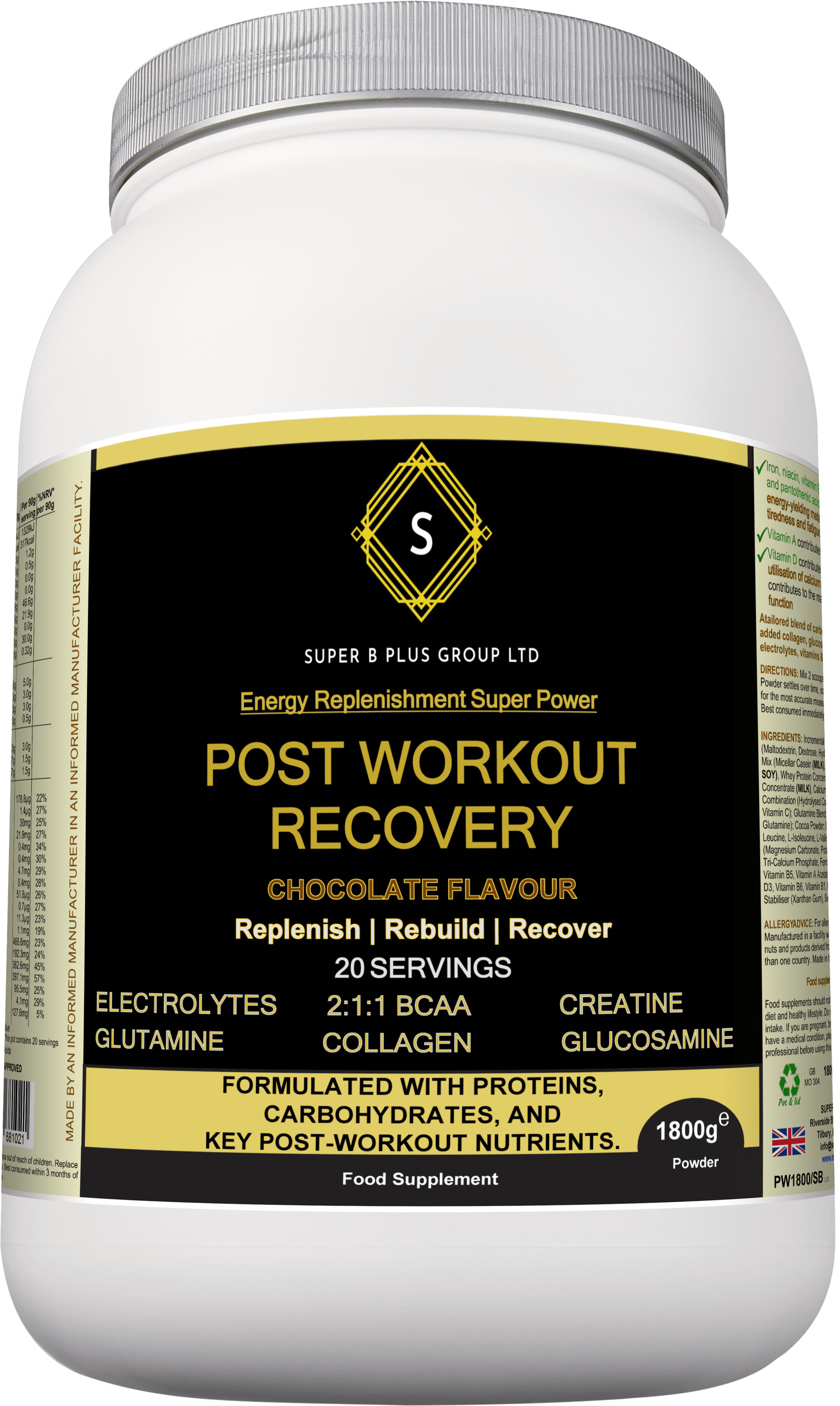 POST Workout Recovery supplement in chocolate flavor for replenishing and rebuilding post-workout nutrients.