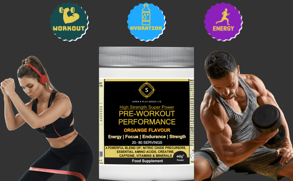 High Strength Super Power Pre-Workout Performance supplement in orange flavor for enhanced energy and endurance.
