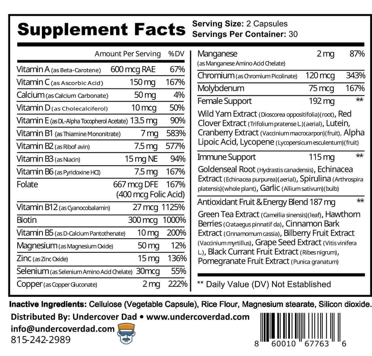 Supplement facts for women’s multivitamin for active lifestyle with ingredients and serving information.