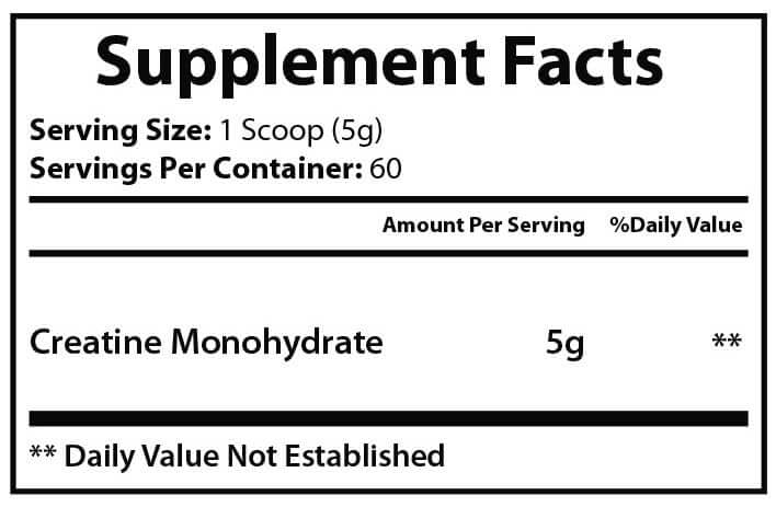 Supplement facts for pure creatine supplement, showing serving size and amount per serving.