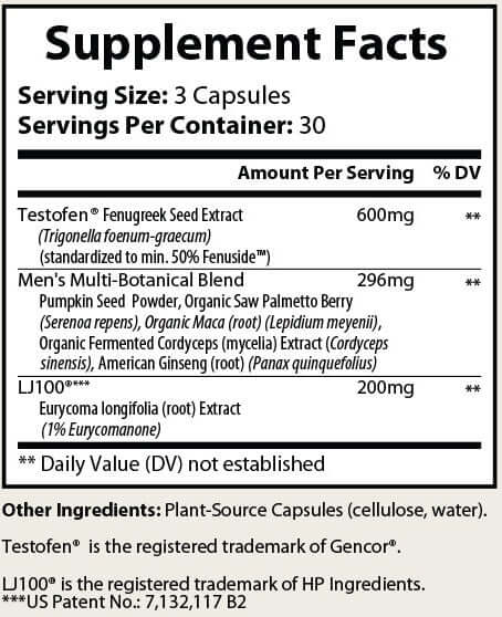 Supplement facts for pure testosterone supplement showing ingredients and serving size.