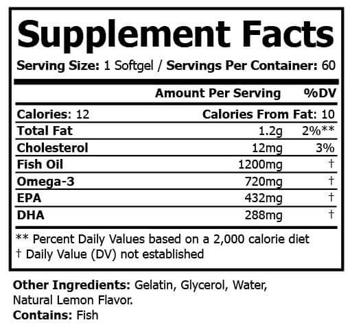 Pure Omega-3 dietary supplement supplement facts label detailing nutrient information and ingredients.