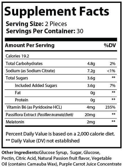 Supplement facts for pure sleep gummies supplement including ingredients and nutritional information.