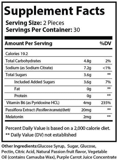 Supplement facts for pure sleep gummies supplement including ingredients and nutritional information.