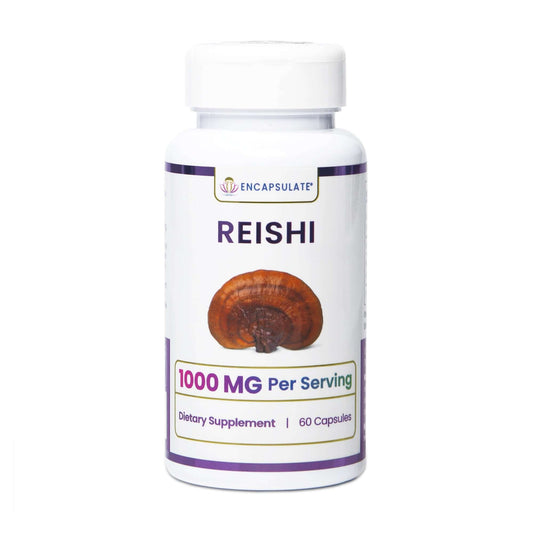 Encapsulate Reishi Mushroom dietary supplement bottle, 1000 MG Per Serving, 60 capsules.