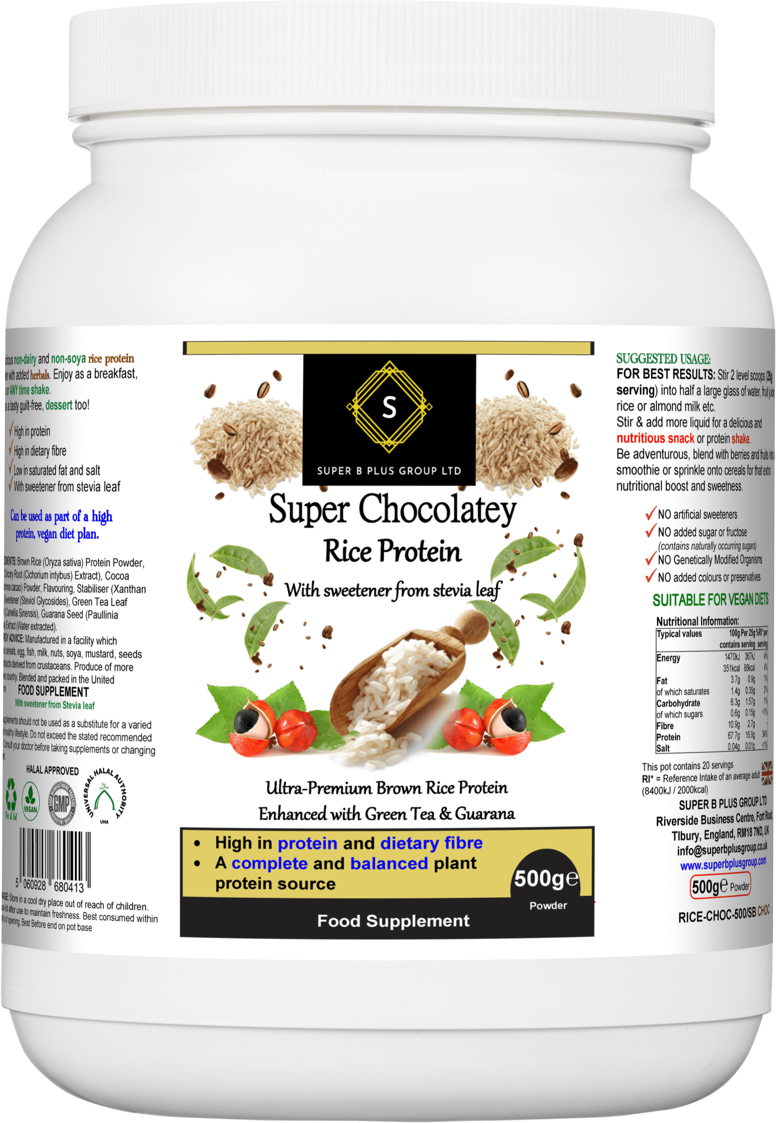 Super Chocolatey Rice Protein - chocolate rice protein powder in a convenient and tasty packaging for active lifestyles.