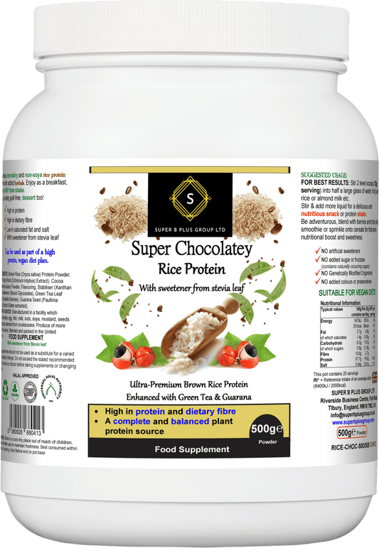 Super Chocolatey Rice Protein powder in a container, a delicious chocolate rice protein powder for active lifestyles.