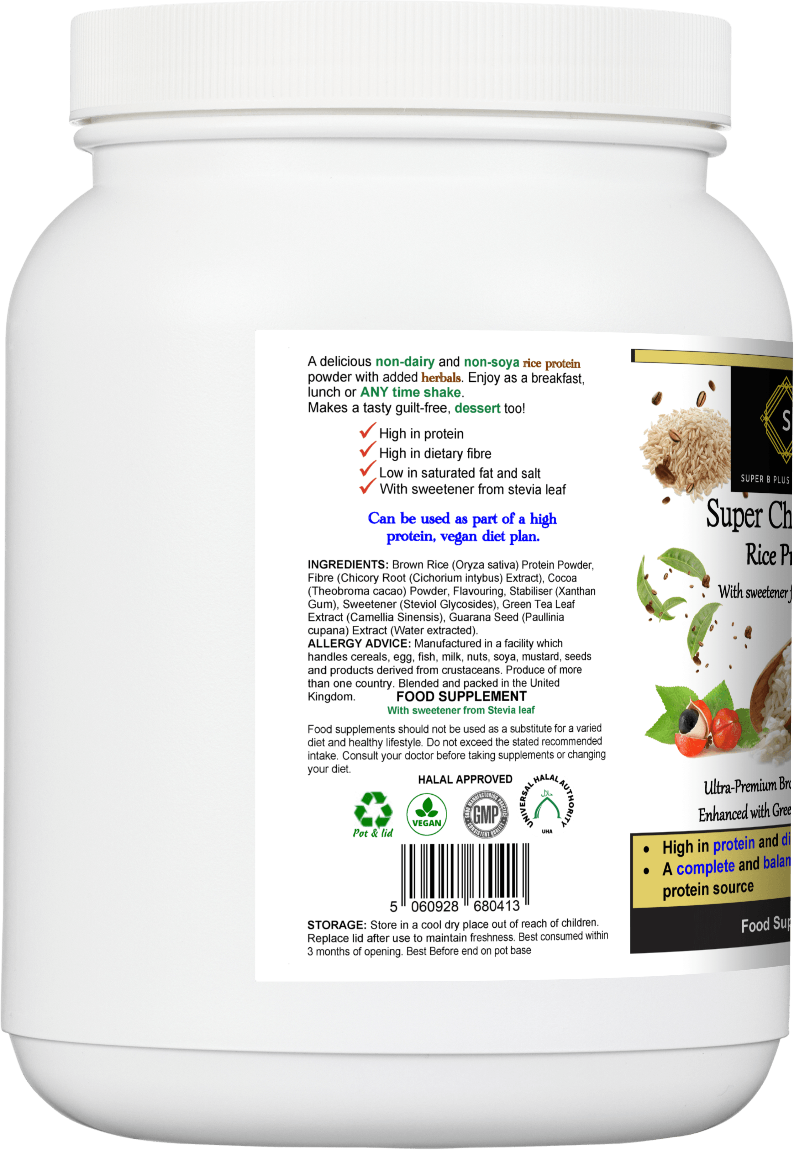 Super Chocolatey Rice Protein powder packaging showcasing benefits of chocolate rice protein powder for active lifestyles.