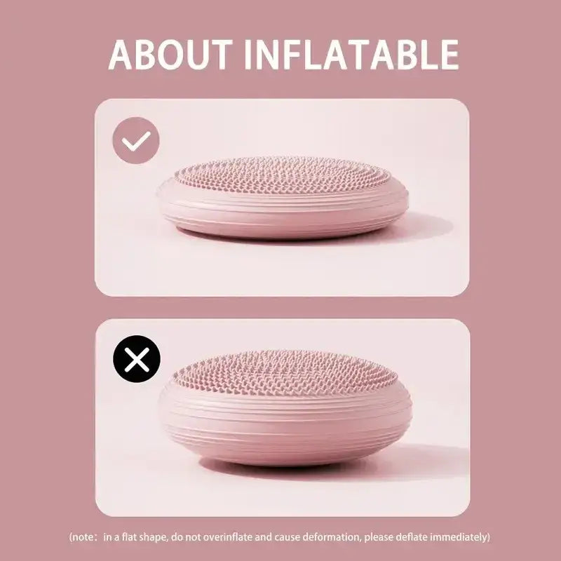 Image comparing proper and improper inflation of a pink inflatable yoga trainer mat.