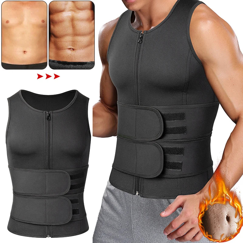 Men waist trainer sauna vest for fitness, featuring super smooth zipper and adjustable Velcro for optimal body shaping.