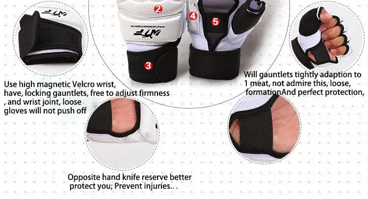 Half finger taekwondo boxing gloves with adjustable Velcro wrist for secure fit and added protection.