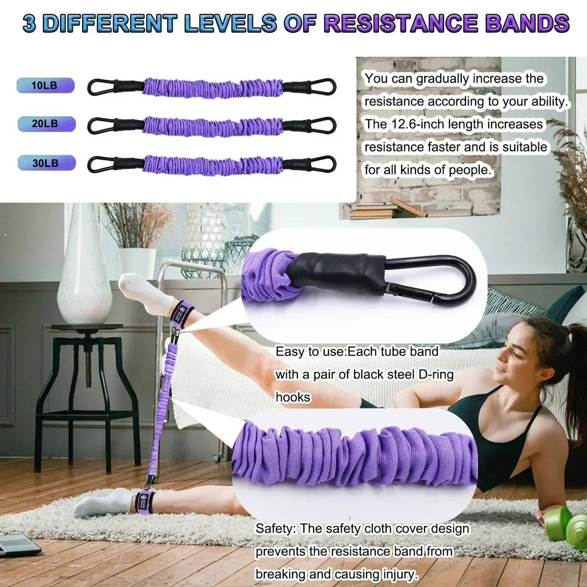 Ankle resistance bands for leg glute workouts with 3 resistance levels, perfect for effective fitness training at home or gym.