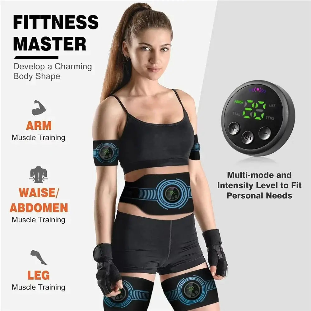 Intelligent EMS abdominal muscle stimulator belt displayed on a woman during arm and leg training, promoting effective muscle stimulation.