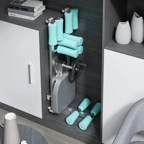Heavy duty leg split stretcher machine with teal foam grips displayed on a sleek gray storage unit.