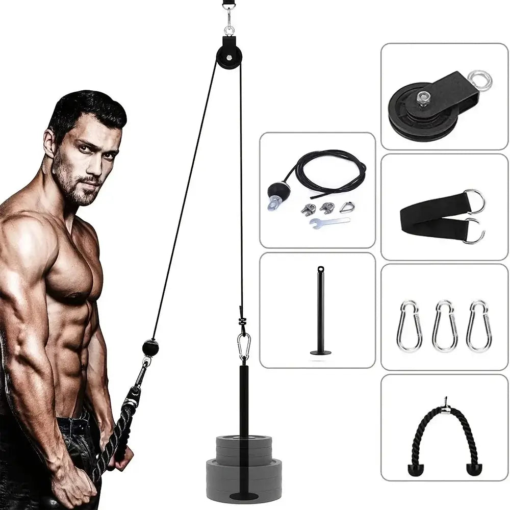 Nine-piece pulley fitness accessory kit featuring heavy-duty components for effective workouts.