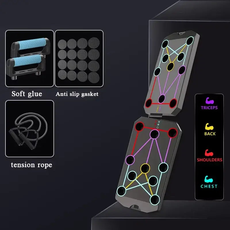 Folding push-up board with resistance bands showing design features, anti-slip gaskets, and tension ropes.