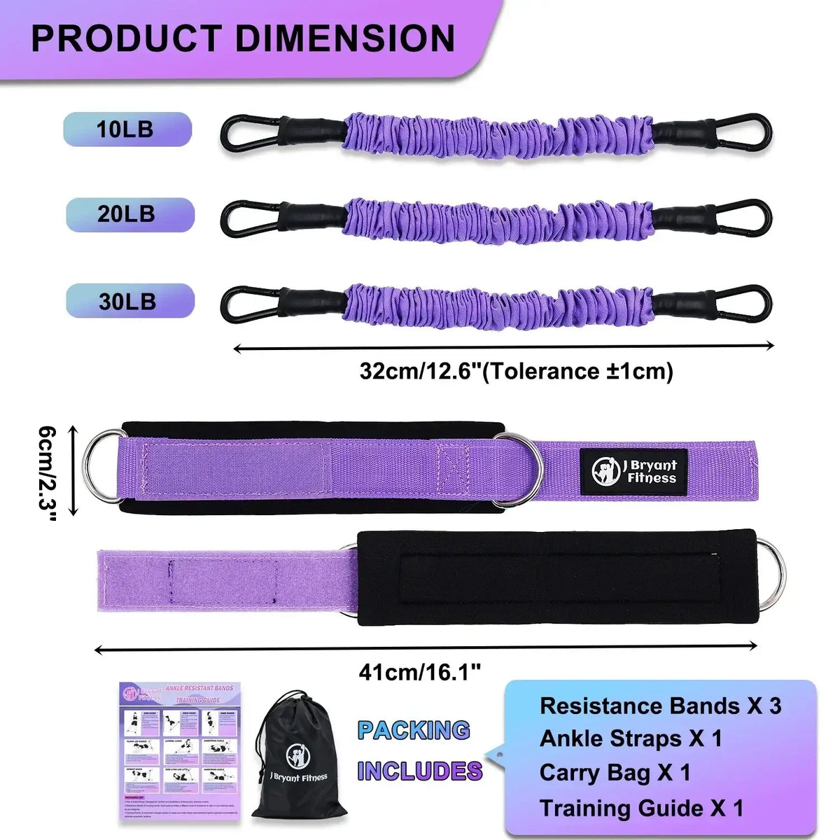 Image showing dimensions and components of ankle resistance bands for leg glute workouts, including 10LB, 20LB, and 30LB bands.