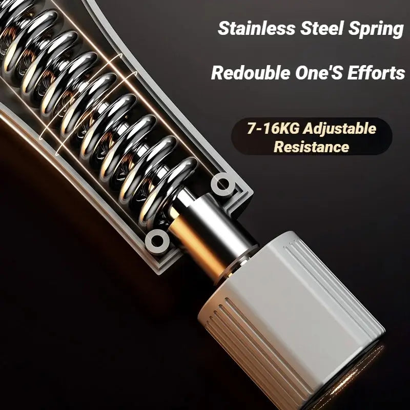 Close-up of adjustable resistance spring mechanism for adjustable pelvic floor leg trainer, featuring stainless steel design.