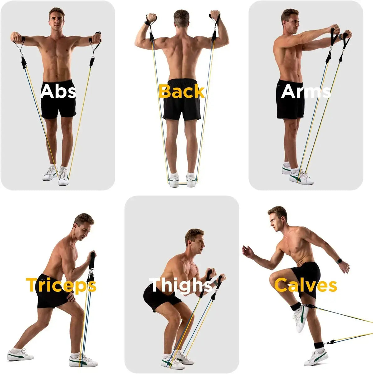 A man demonstrating exercises using the 300lb booty resistance band set for home workouts targeting various muscle groups.