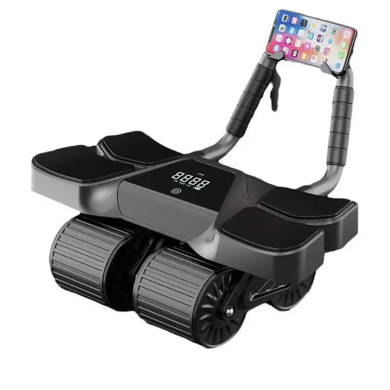 Four-wheel ab roller with elbow support in black featuring timer and phone holder for effective workouts.