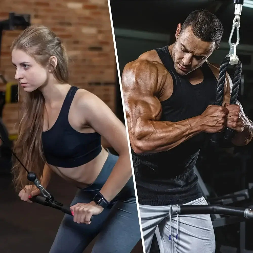 Woman and man using pulley fitness accessory kit in a gym setting for different workout routines.