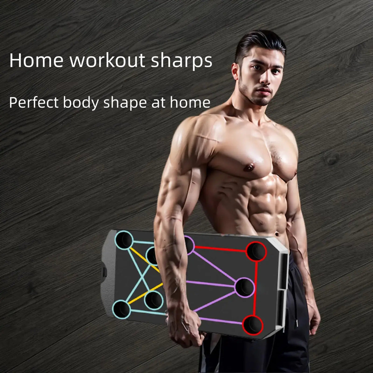 Folding push-up board with resistance bands showcased by a muscular man indicating fitness and home workouts.