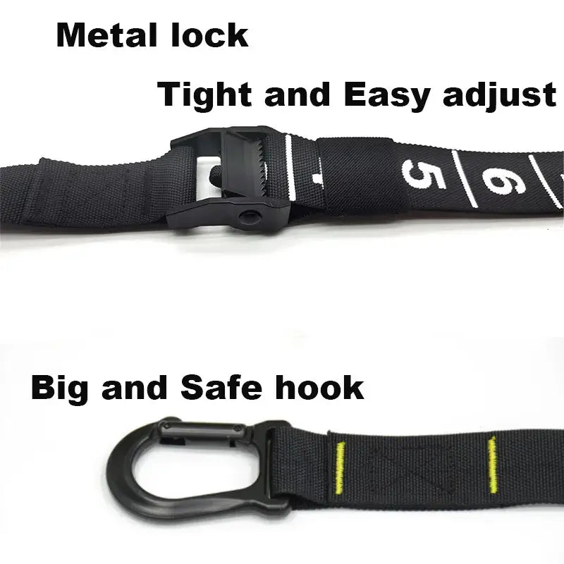 Metal lock and big hook details of suspension trainer with door anchor for secure and adjustable workouts.
