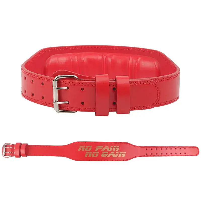 Red gym weight lifting belt for powerlifting, designed for squats and bodybuilding, featuring a sturdy buckle and comfortable fit.