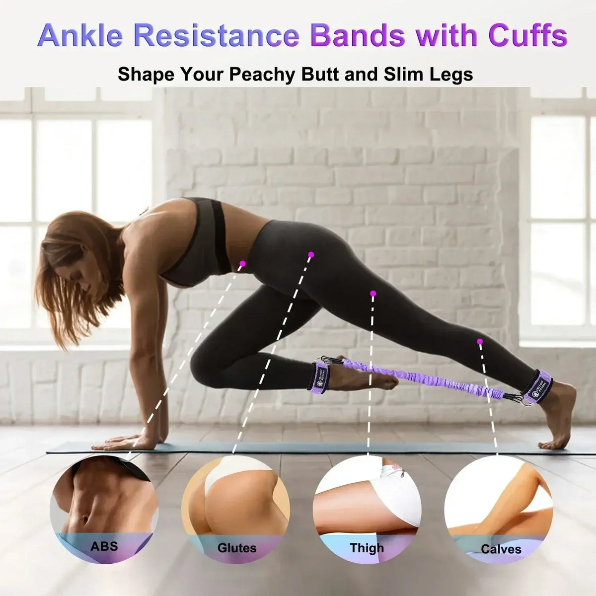 Ankle resistance bands for leg glute workouts; woman exercising with ankle resistance bands on a fitness mat.