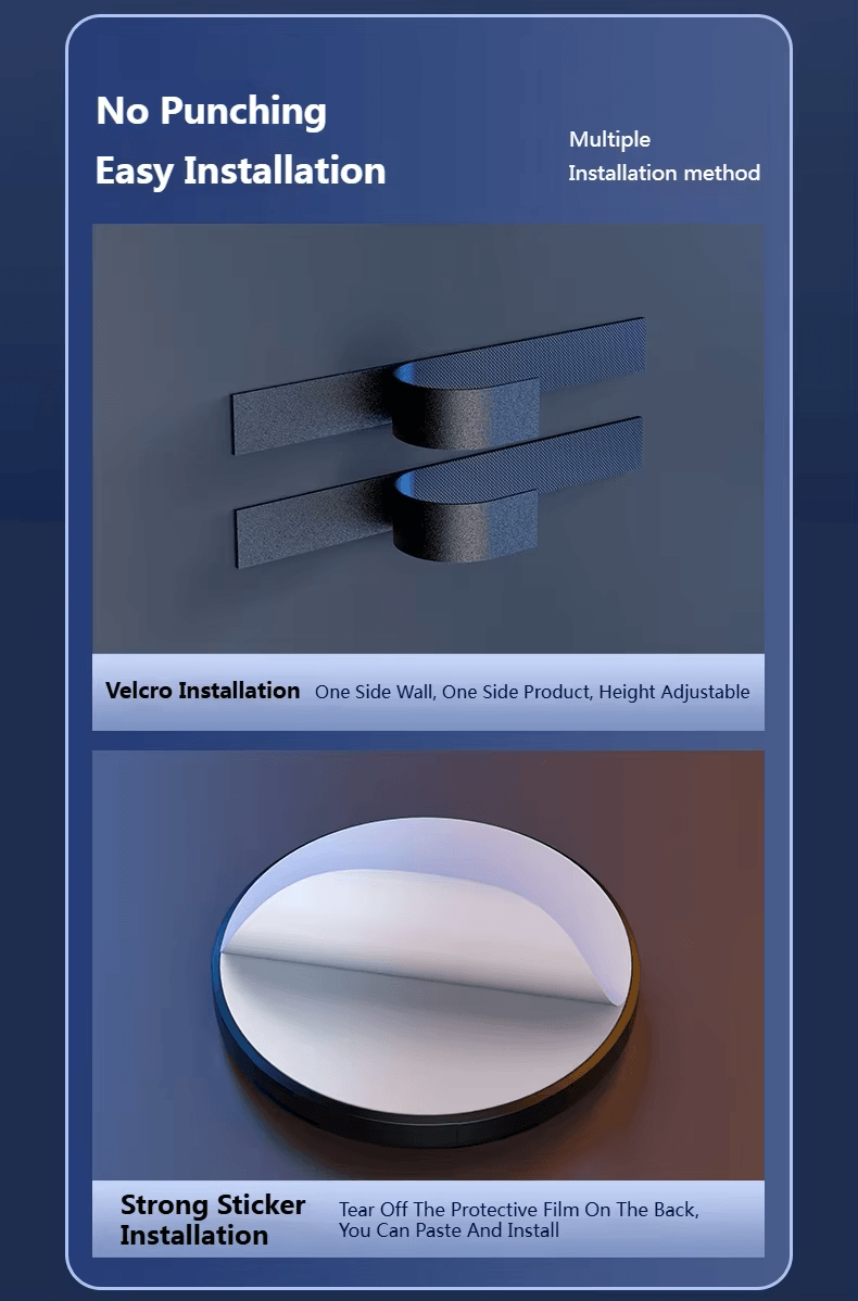 A visual guide for easy installation methods for a product, showcasing Velcro and strong sticker options.