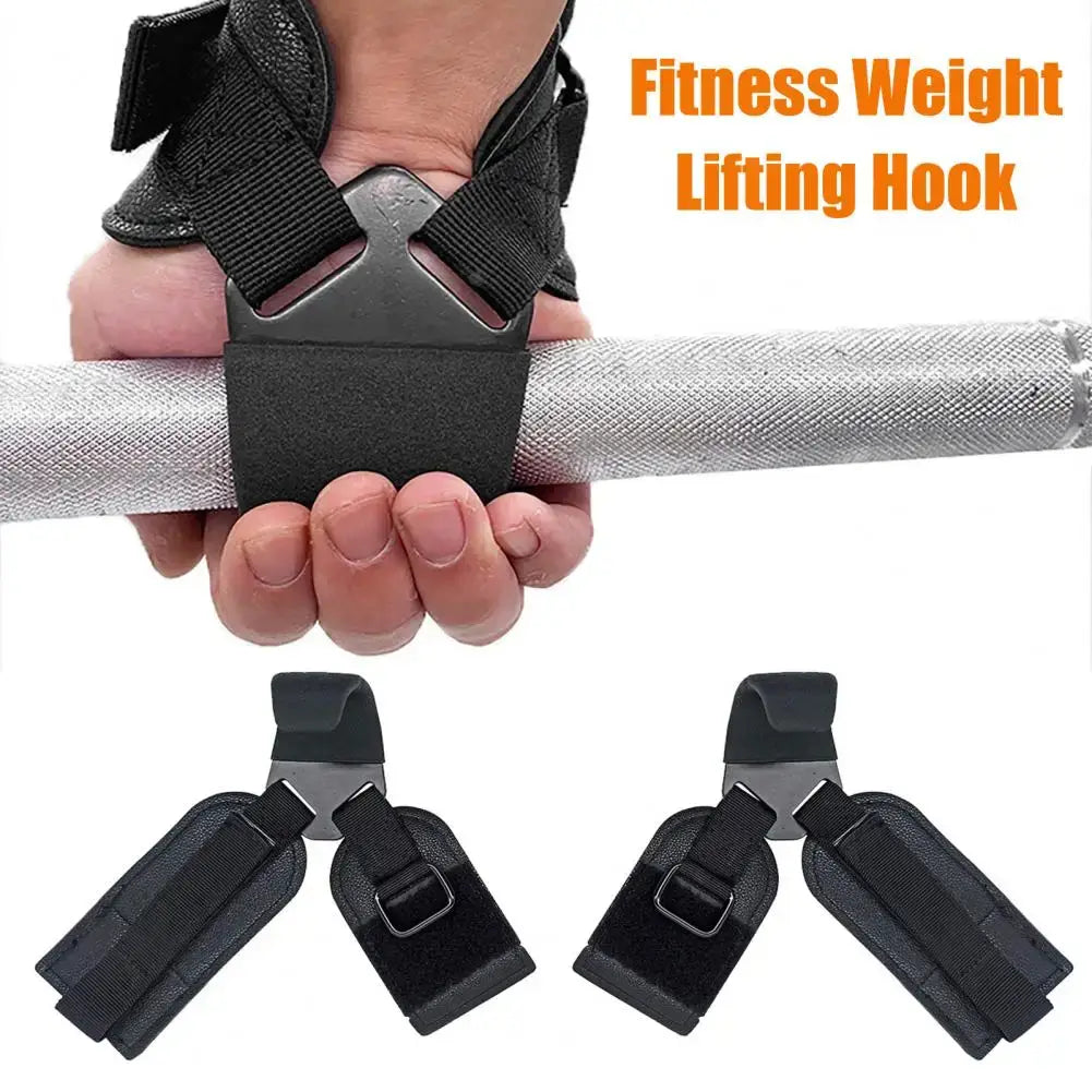 Leather weight lifting hooks shown in use, designed for gym workouts and enhancing grip strength.