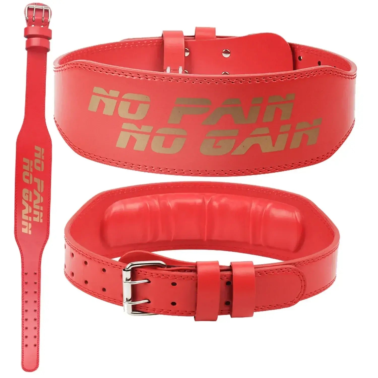 Gym weight lifting belt for powerlifting in red with "No Pain No Gain" design for optimal support during workouts.