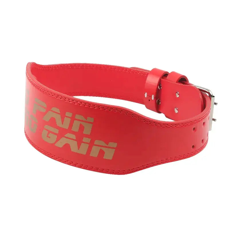 Gym weight lifting belt for powerlifting, red with gold lettering, ideal for squats and bodybuilding workouts.