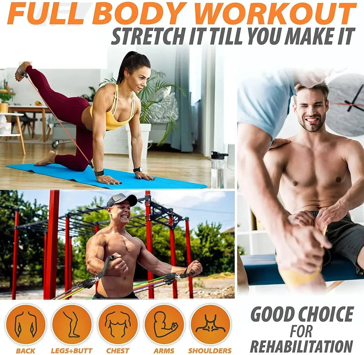 Full body workout with diverse exercises showcasing individuals using a booty resistance band set for home workouts.