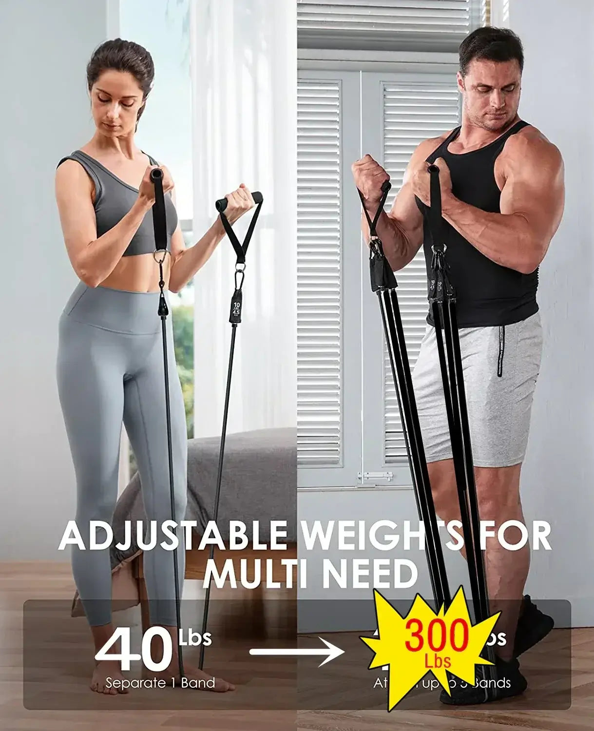 300lb resistance bands for home workouts, featuring adjustable weights for multiple needs.