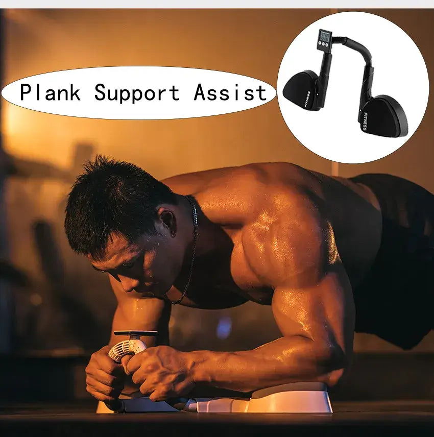 Muscular man using Plank Support Trainer accessories in a home workout, showcasing multifunctional fitness equipment.
