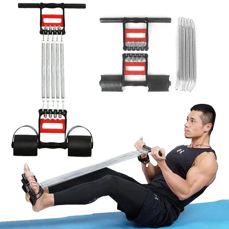 Man using a multifunction chest developer spring expander for home workouts, demonstrating powerful muscle building.
