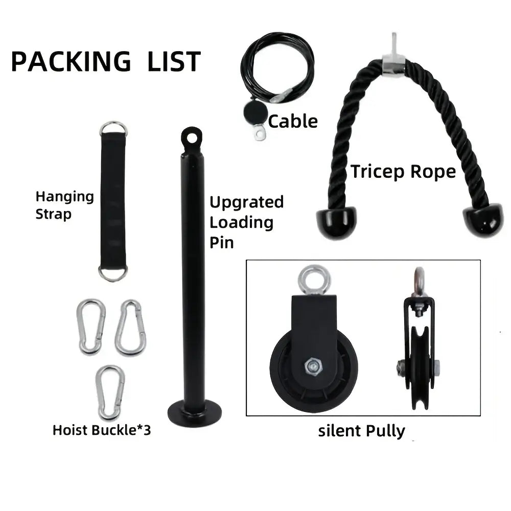 Packing list for nine-piece pulley fitness accessory kit including tricep rope, cable, and silent pulley.