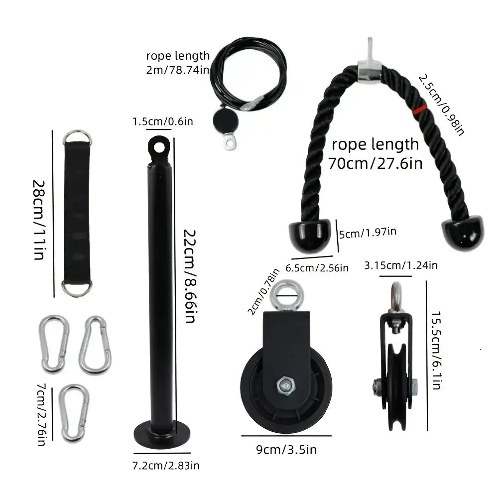 Nine-Piece Pulley Fitness Accessories Kit Black with heavy-duty components and ergonomic handles for home workouts.