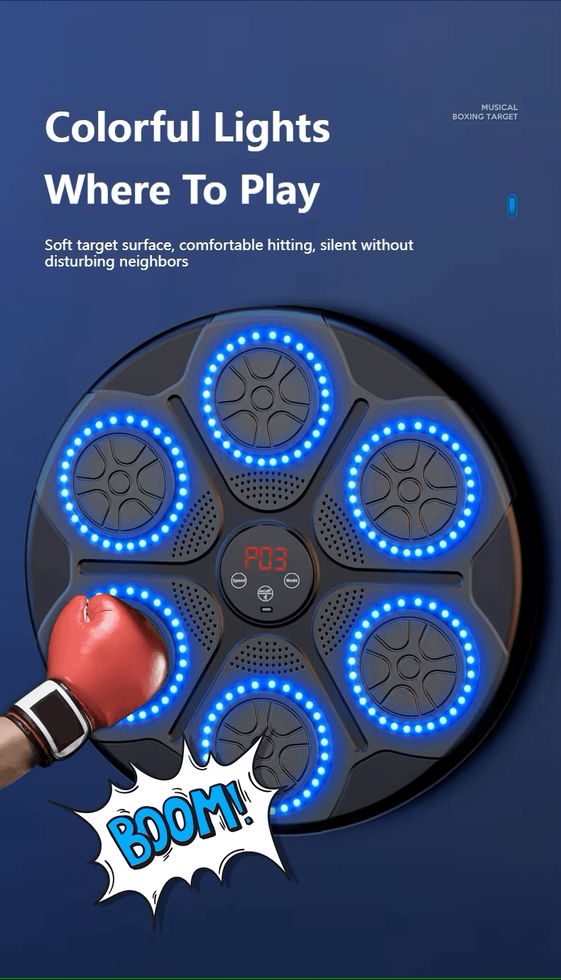 Smart Music Boxing Machine featuring colorful lights and Bluetooth connectivity for interactive workouts with gloves, bluetooth boxing machine with gloves.