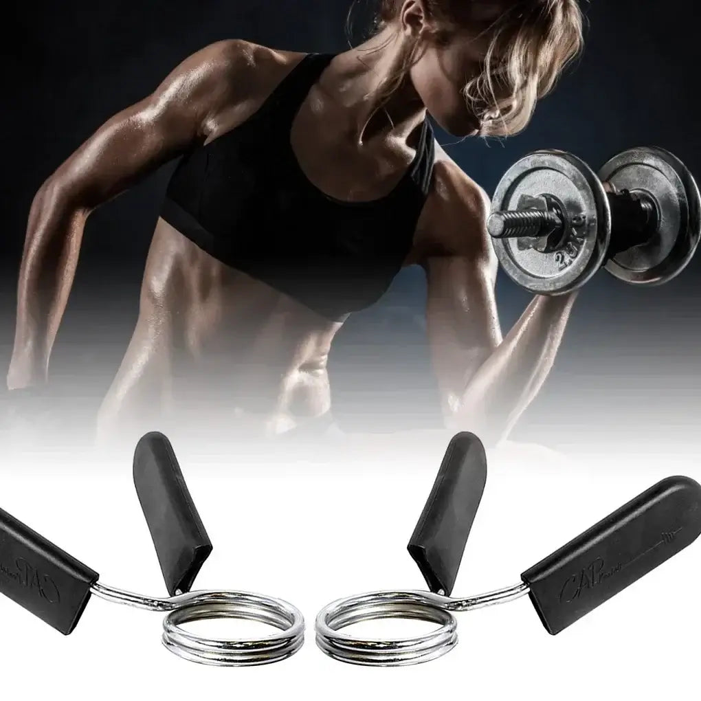 Woman performing strength training with dumbbells and adjustable barbell attachments in a gym setting.
