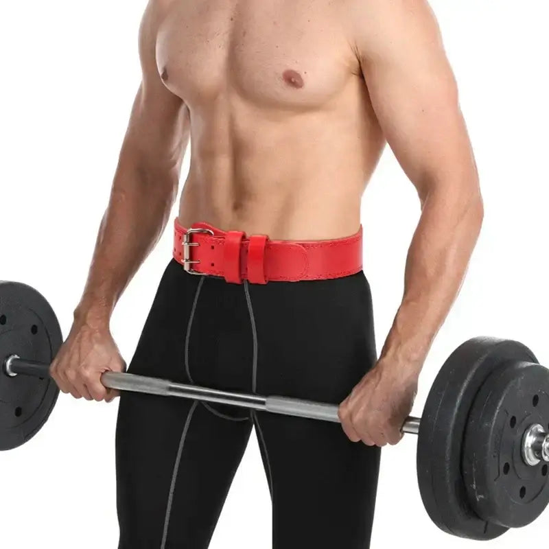 Man demonstrating a gym weight lifting belt for powerlifting while lifting weights.
