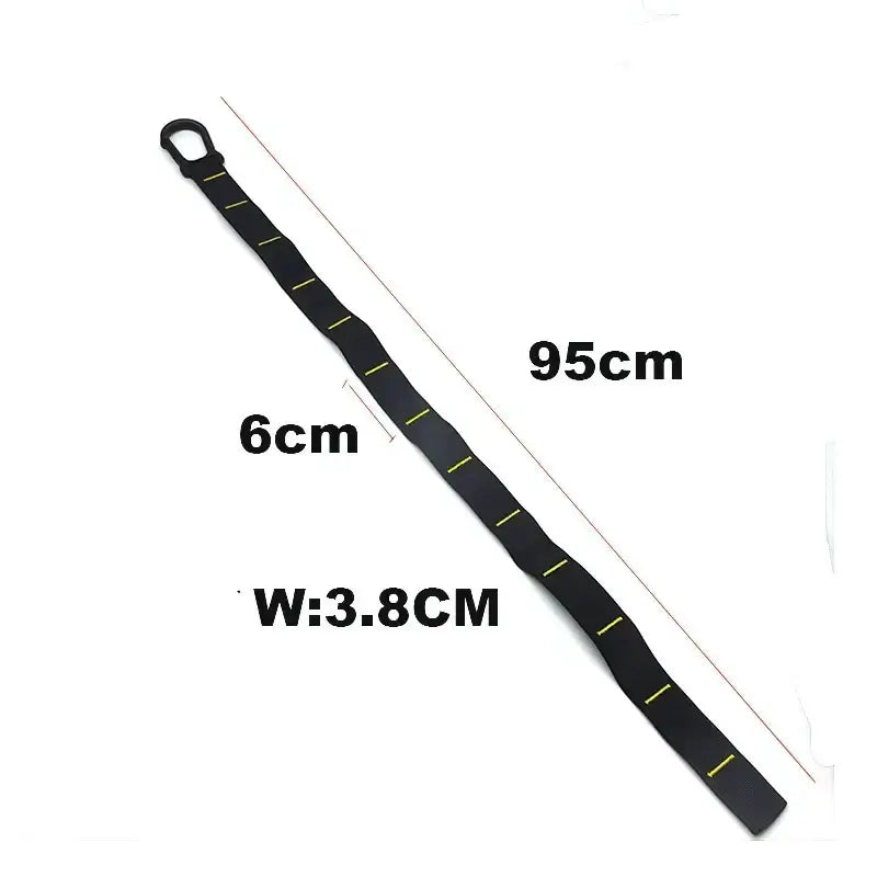 Suspension trainer with door anchor, featuring adjustable length of 95cm and width of 3.8cm, ideal for workouts.