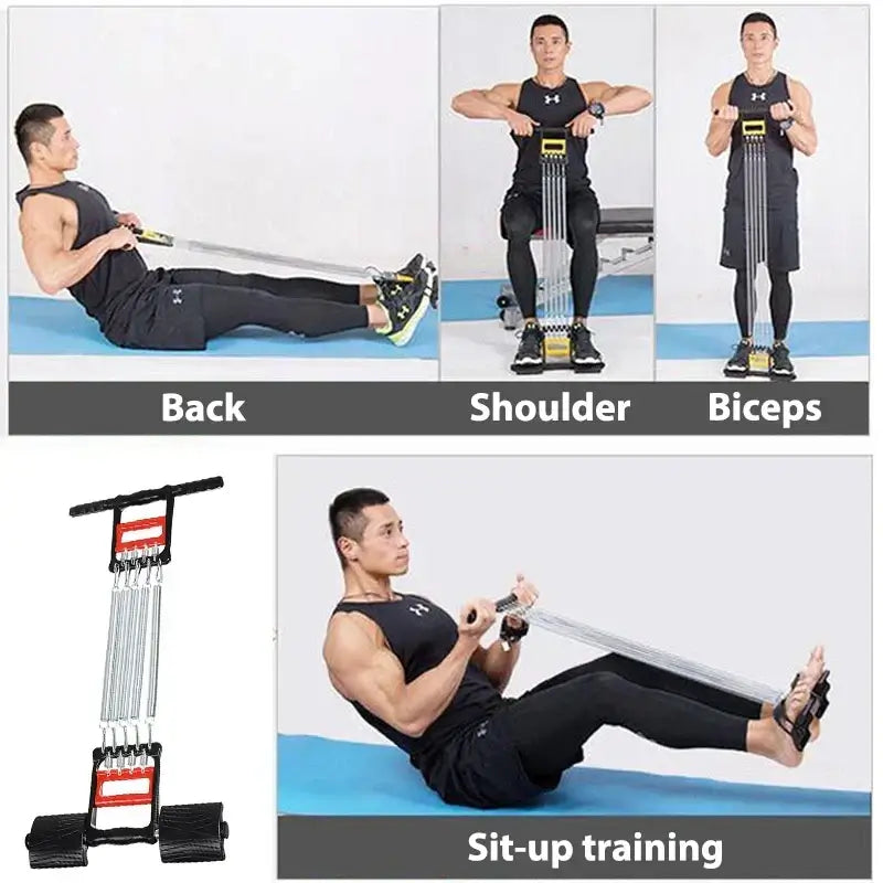 Image showing a Multifunction Chest Developer Spring Expander being used for back, shoulder, biceps, and sit-up training.