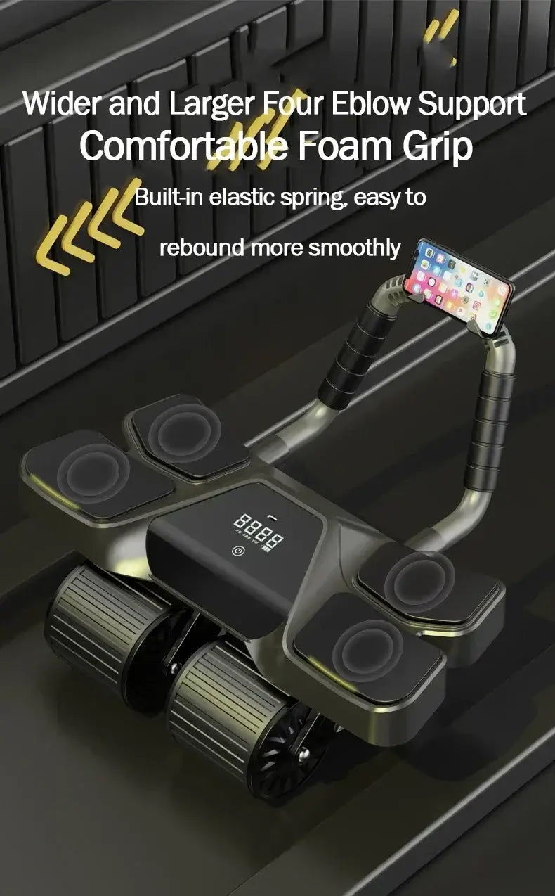 Four-Wheel Abdominal Roller with Elbow Support featuring comfortable foam grip and built-in timer for effective workouts.