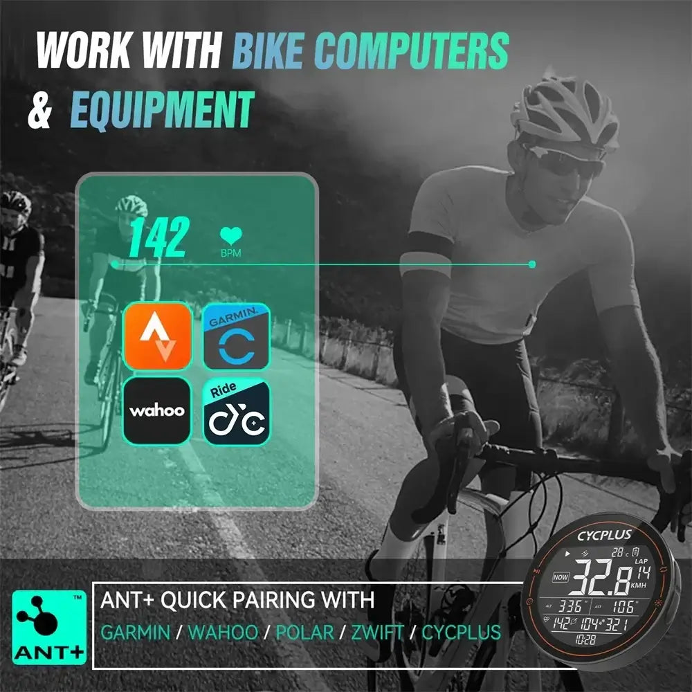 Bluetooth heart rate monitor armband compatibility with bike computers and equipment, showing ANT+, Garmin, Wahoo, and more.