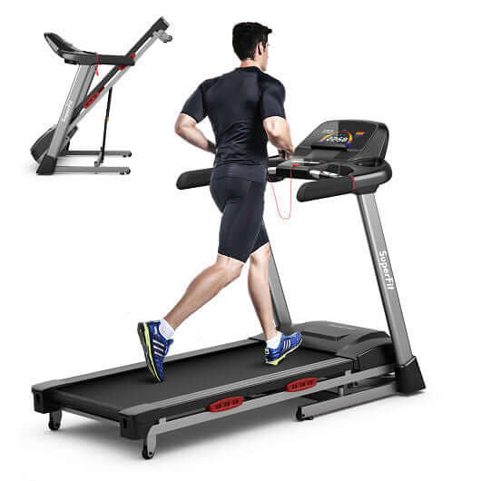 4.75 HP folding treadmill with auto incline in use, showcasing features and sleek design for home workouts.