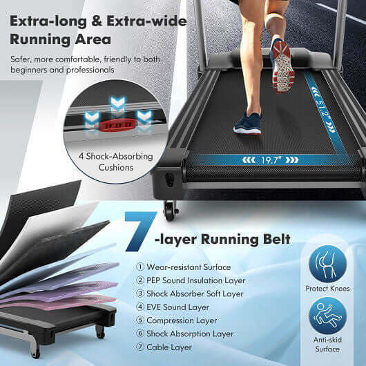 Folding treadmill with auto incline featuring an extra-wide running area and 7-layer running belt for comfort.