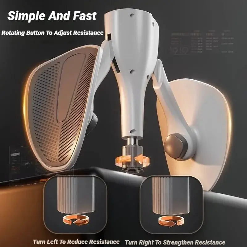 Adjustable pelvic floor leg trainer showing rotating button to adjust resistance easily and quickly.