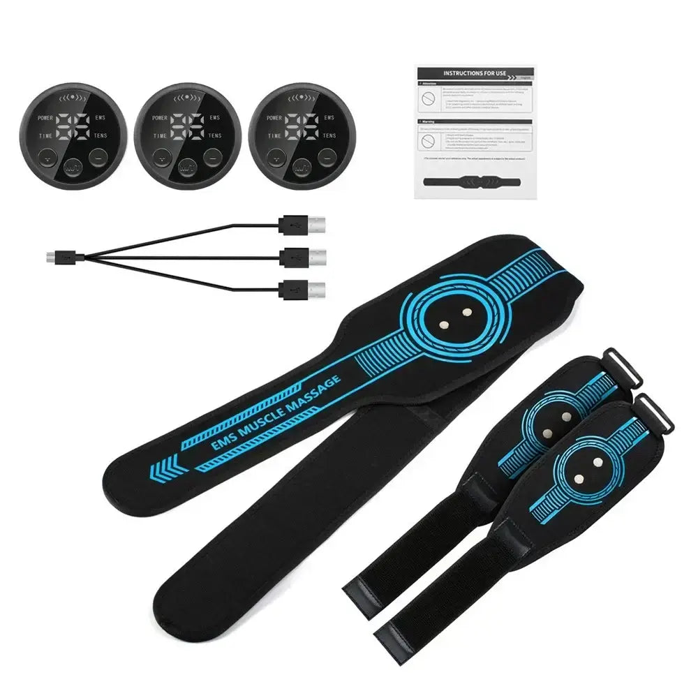 Intelligent EMS abdominal muscle stimulator belt with controllers and charging cables for effective muscle stimulation.